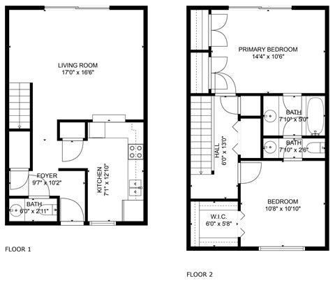 Floor plan for 2 beds, 1.5 baths, 986 sqft